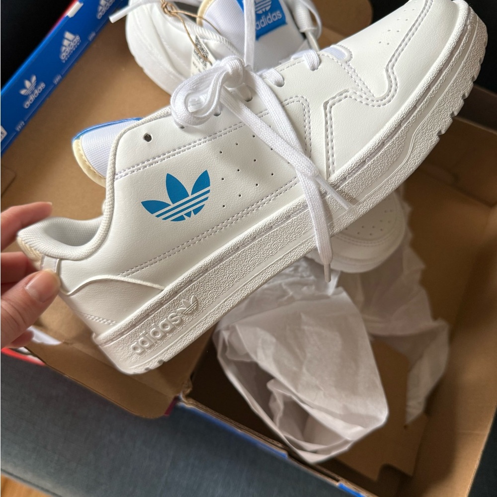 Adidas Kids White Sneakers with Blue Logo